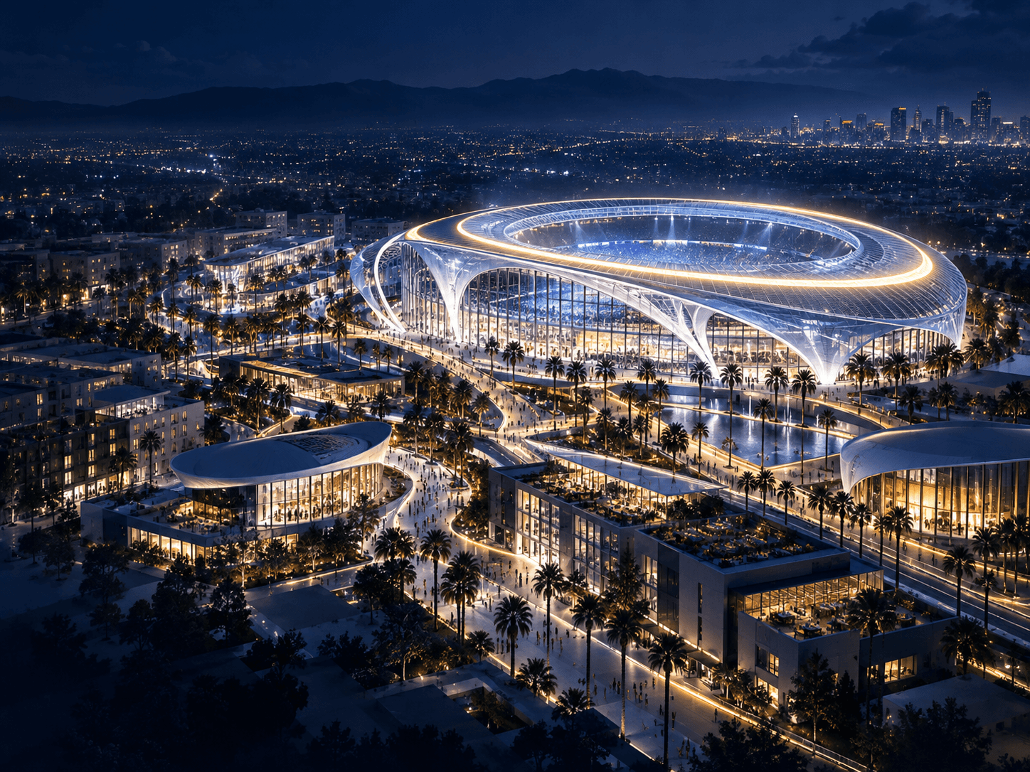 Imagined future stadium district with glass architecture and blue and gold lights.